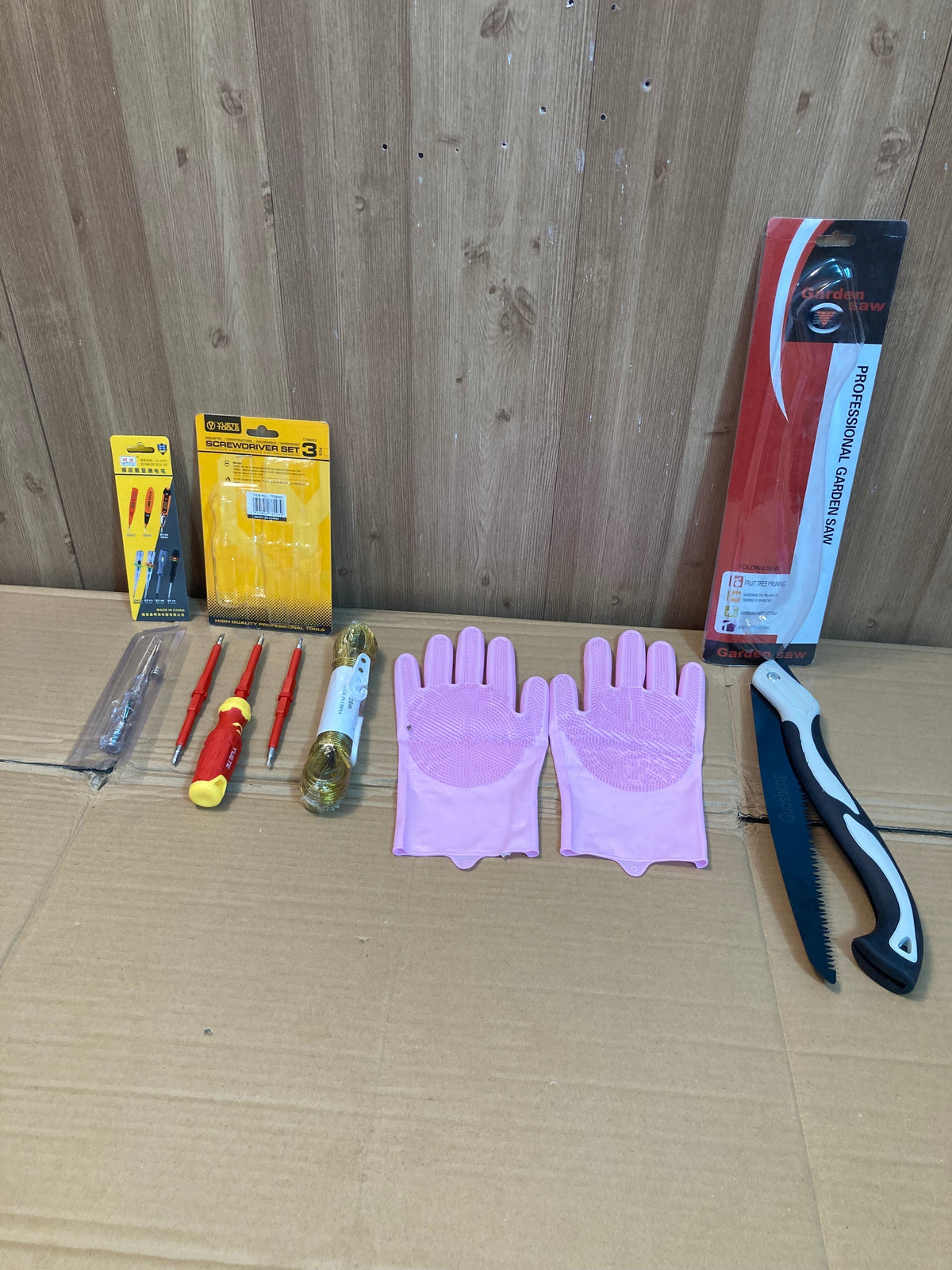 Ultimate Home Essentials Combo – Hand Saw, Silicone Gloves, Screwdriver Set, Drying Wire & Electrical Tester